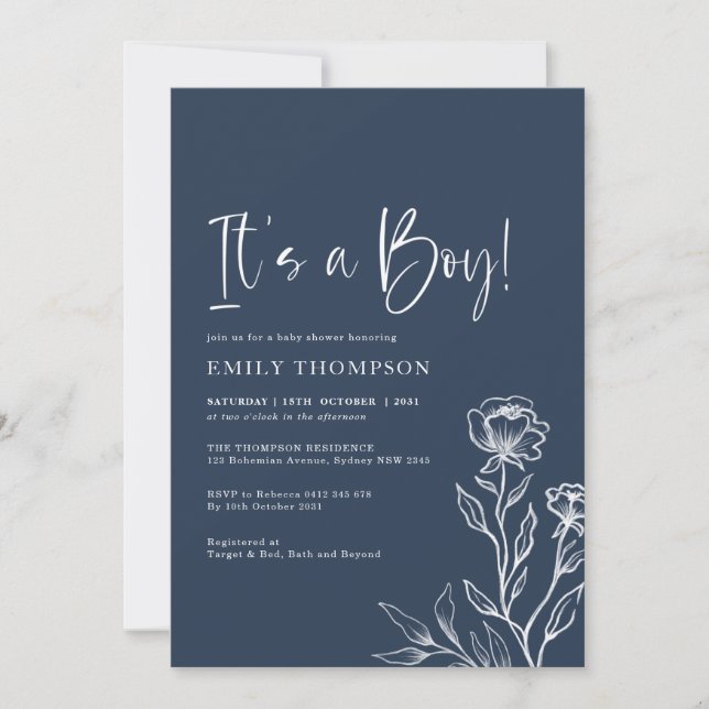 Minimalist Navy Blue Botanical Boy Baby Shower Invitation (Front)
