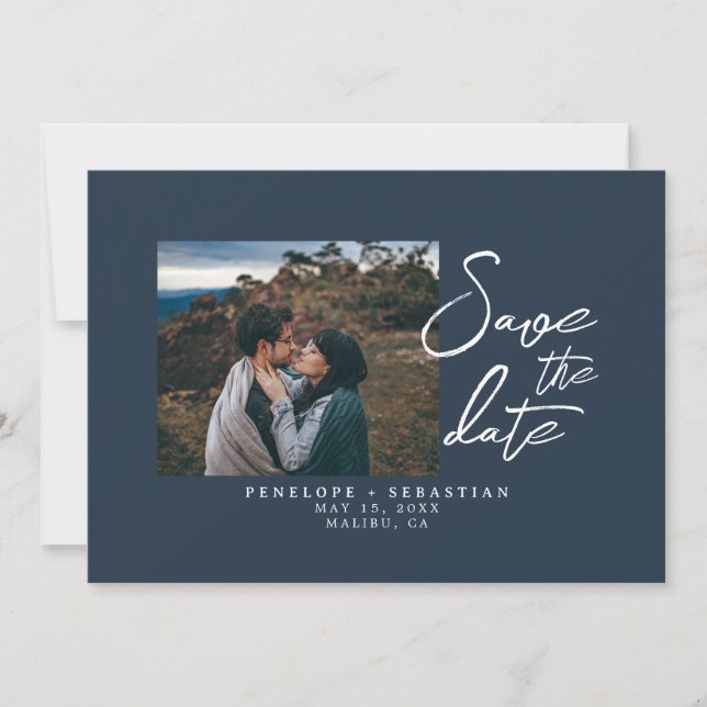 Minimalist Navy Blue Calligraphy Photo Wedding     Save The Date (Front)