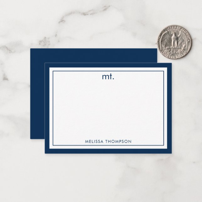 Minimalist Navy Blue Double Border Modern Monogram Card (Front/Back In Situ)