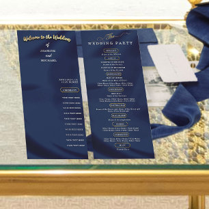 Minimalist Navy Blue Gold Classic Wedding Program 