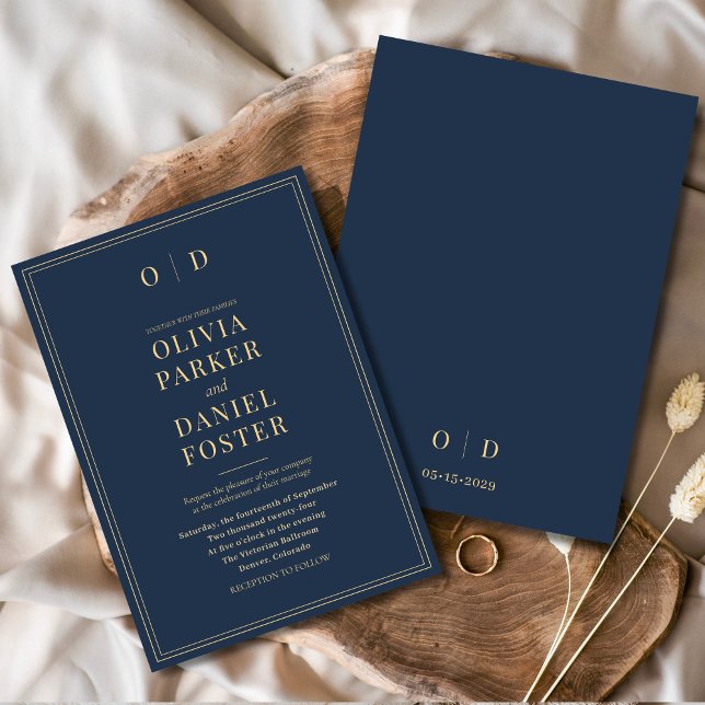 Minimalist Navy Blue Gold Elegant Modern Wedding Invitation (Creator Uploaded)