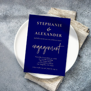 Minimalist Navy Blue Gold Script Engagement Invitation
