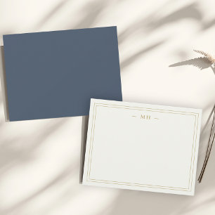 Minimalist Navy Blue & Gold Two Border Monogram Card