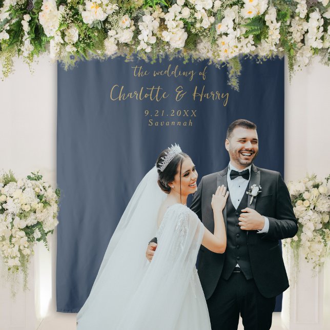 Minimalist Navy Blue & Gold Wedding Photo Backdrop Tapestry (Creator Uploaded)