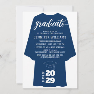 Minimalist Navy Blue Graduation Gown Class of 2026 Invitation