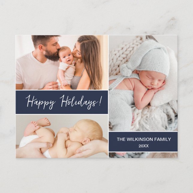 Minimalist Navy Blue Happy Holidays Family Photos Holiday Postcard (Front)