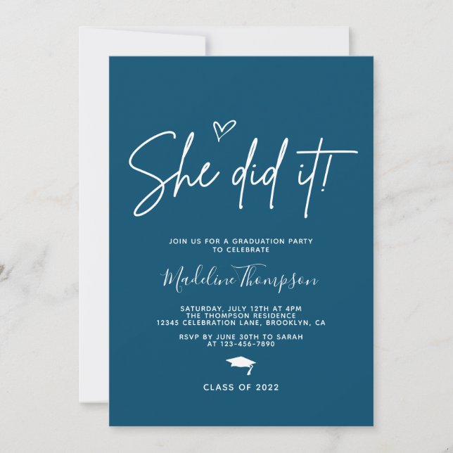Minimalist Navy blue Heart She did it Graduation Invitation (Front)