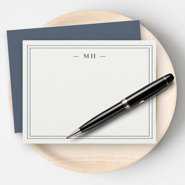 Minimalist Navy Blue & Ivory Two Border Monogram Card (Creator Uploaded)