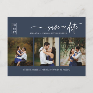 Minimalist Navy Blue Photo QR Code Save the Date Postcard