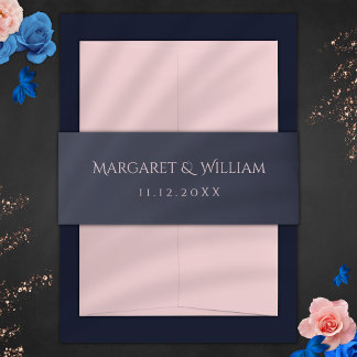 Minimalist Navy Blue & Pink Custom Names Wedding Invitation Belly Band