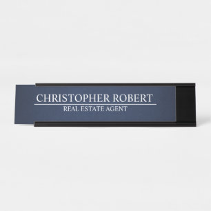 Minimalist Navy Blue Real Estate Desk Name Plate