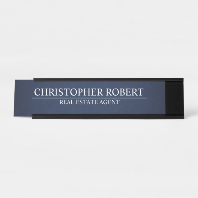 Minimalist Navy Blue Real Estate Desk Name Plate (Front)