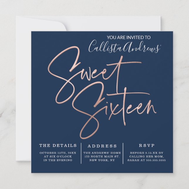 Minimalist Navy Blue Rose Gold Typography Sweet 16 Invitation (Front)