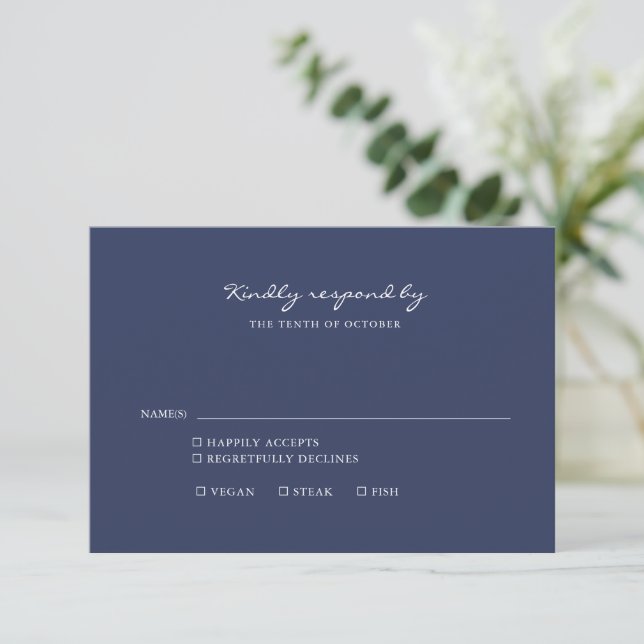 Minimalist Navy Blue Script Meal Choice RSVP Card (Standing Front)