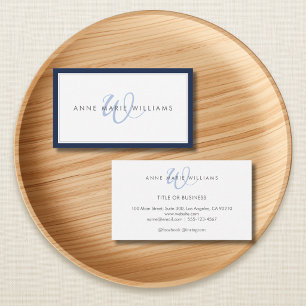 Minimalist Navy Blue Script Two Border Monogram Business Card