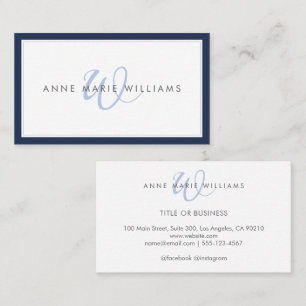 Minimalist Navy Blue Script Two Border Monogram Business Card
