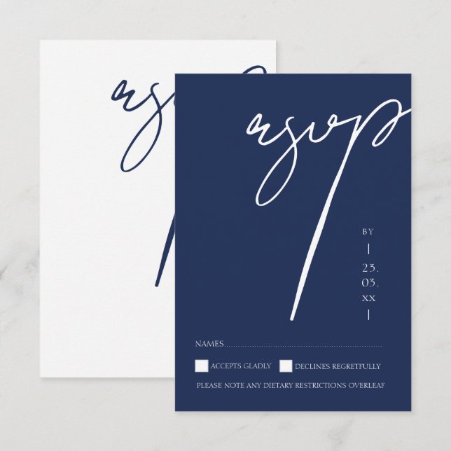 Minimalist Navy Blue Script Typography Wedding RSVP Card (Front/Back)