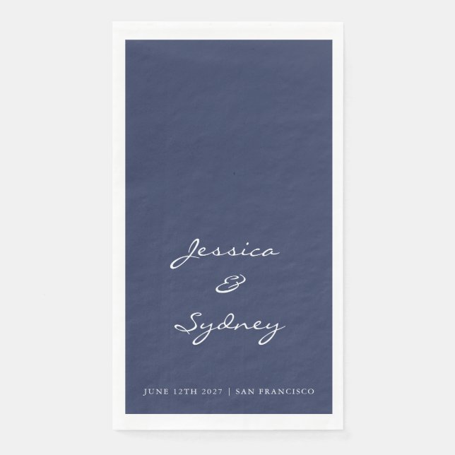 Minimalist Navy Blue Script Wedding Custom Napkin (Front)