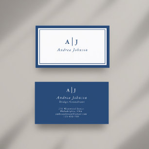 Minimalist Navy Blue Two Border Monogram Business Card
