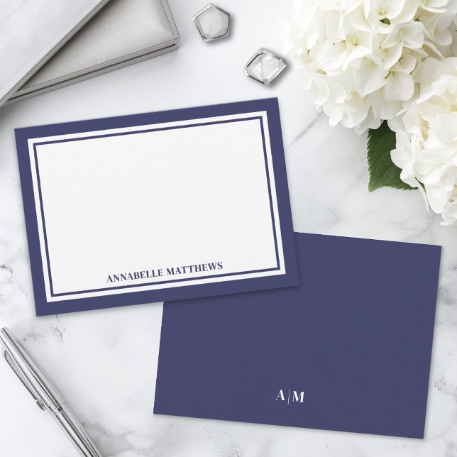 Minimalist Navy Blue Two Border Monogram Card (Minimalist Navy Blue Two Border Monogram Note Card )