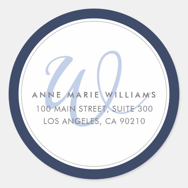 Minimalist Navy Blue Two Border Monogram Classic Round Sticker (Front)