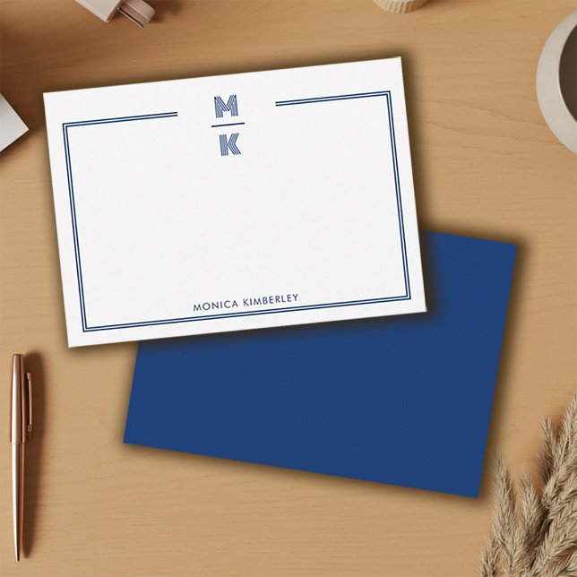 Minimalist Navy Blue Two Border Monogram Note Card (Minimalist Navy Blue Two Border Monogram Note Card)
