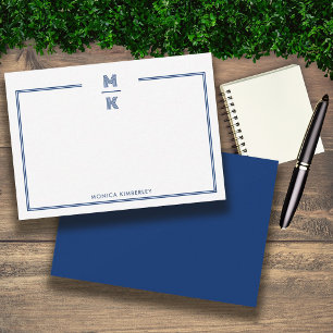 Minimalist Navy Blue Two Border Monogram Note Card