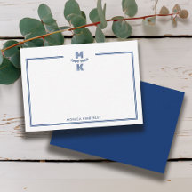 Minimalist Navy Blue Two Border Monogram Note Card