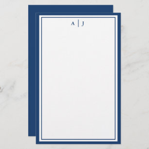 Minimalist Navy Blue Two Border Monogram Stationery