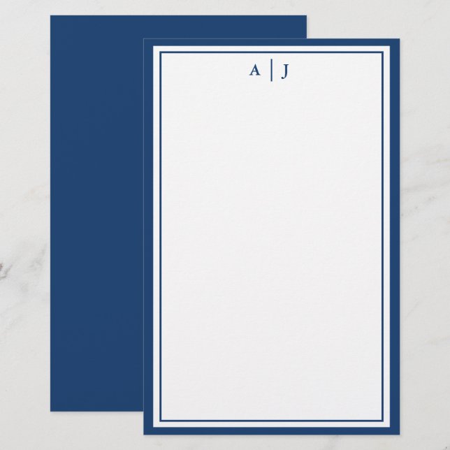 Minimalist Navy Blue Two Border Monogram Stationery (Front/Back)