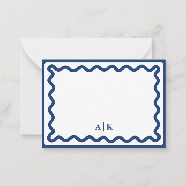 Minimalist Navy Blue Wavy Border Monogram Card (Front)