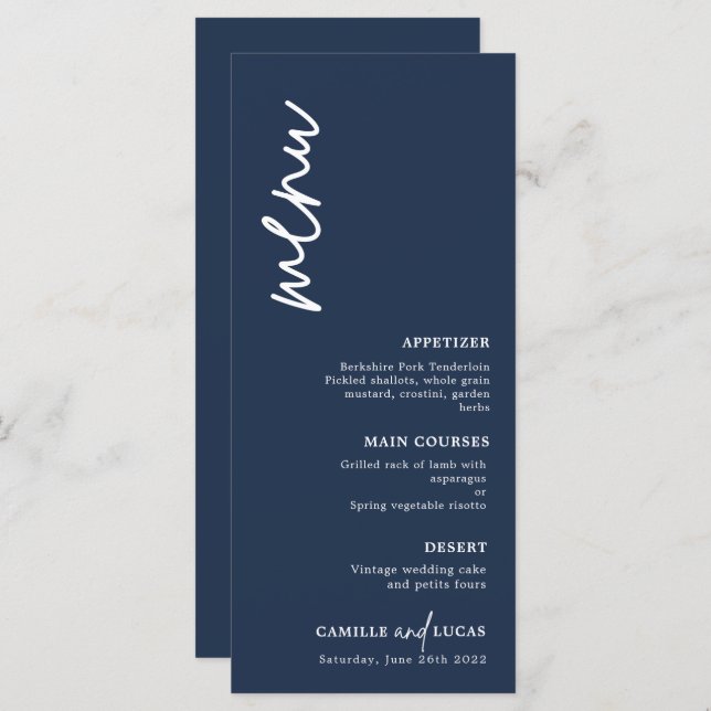 Minimalist Navy Blue Wedding  Menu (Front/Back)