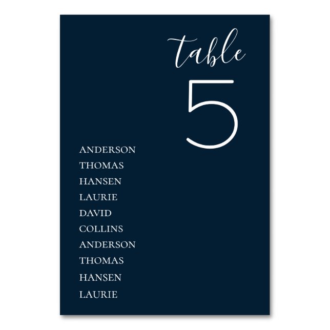 Minimalist Navy Blue Wedding Table Number (Front)