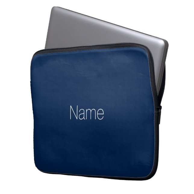 Minimalist navy blue white custom name monogram laptop sleeve (Front Left)