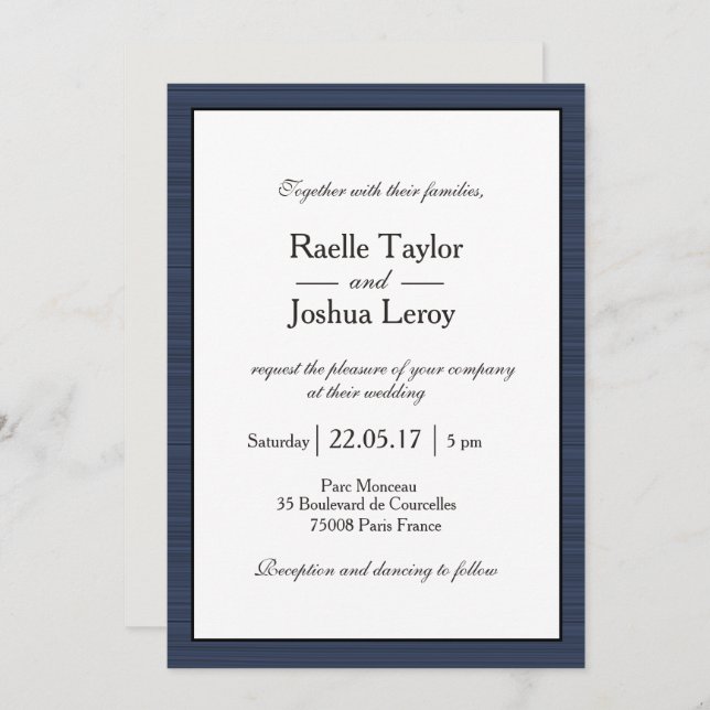 Minimalist Navy Blue White Grey Stripes Wedding Invitation (Front/Back)