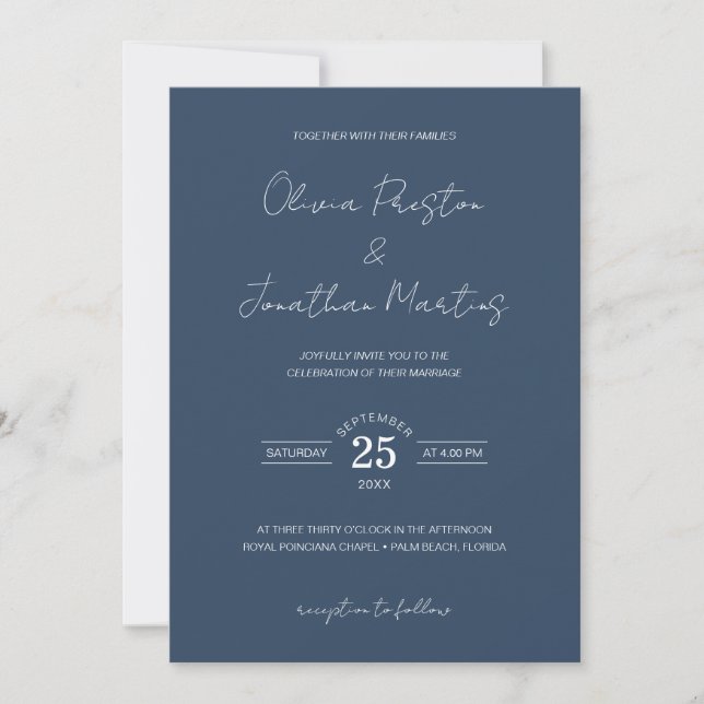 Minimalist Navy Blue & White QR Code RSVP Wedding Invitation (Front)