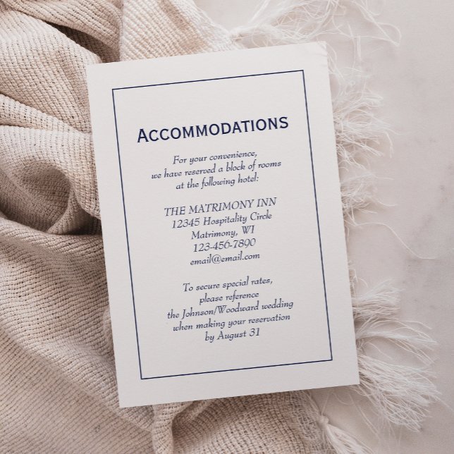 Minimalist Navy Blue White Wedding Accommodations Enclosure Card (Creator Uploaded)
