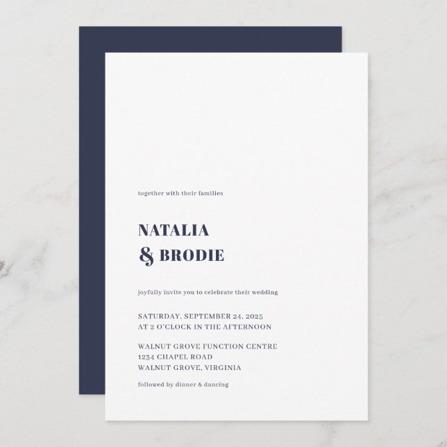 Minimalist Navy Blue White Wedding Invitation (Front/Back)