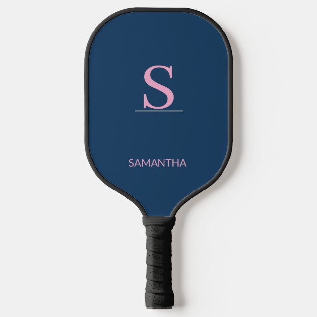 Minimalist Navy Blue with Pink Name and Initial Pickleball Paddle (Front)