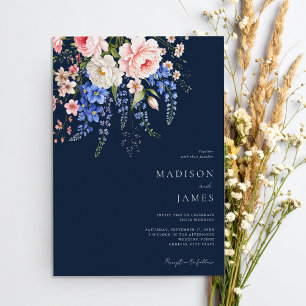 Minimalist Navy BlueBoho Wildflower Floral Wedding Invitation