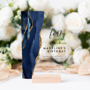 Minimalist Navy Gold Agate Geode 40th Birthday Acrylic Invitations