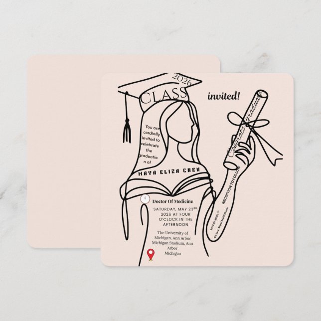 Minimalist Navy Graduation Invitation | (Front/Back)