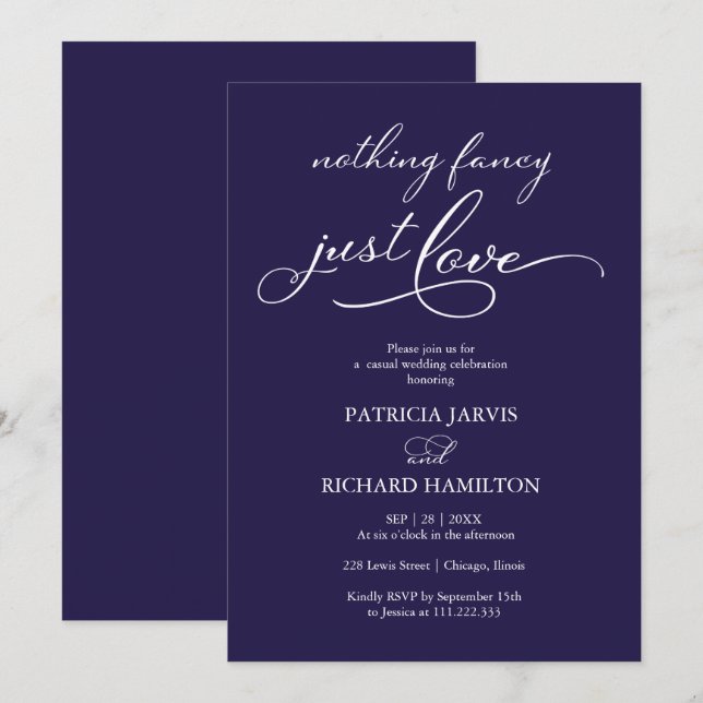 Minimalist Navy Nothing Fancy Just Love Invitation (Front/Back)