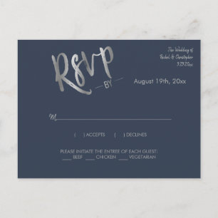 Minimalist Navy Silver Calligraphy Response RSVP Postcard