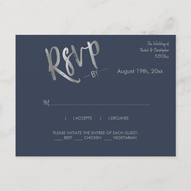 Minimalist Navy Silver Calligraphy Response RSVP Postcard (Front)