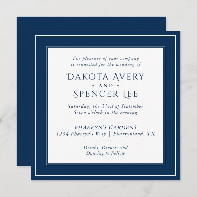 Minimalist Navy Wedding | Simple Elegant White Invitation (Front/Back)