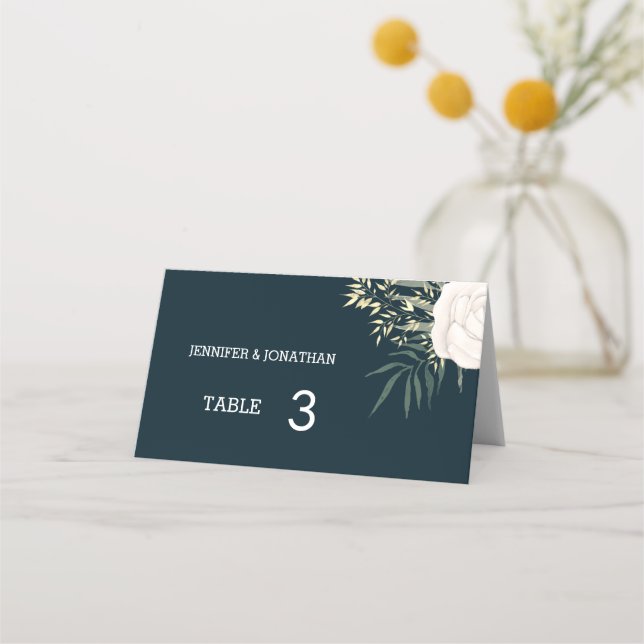 Minimalist Navy White Flower Wedding Place Cards (Back)