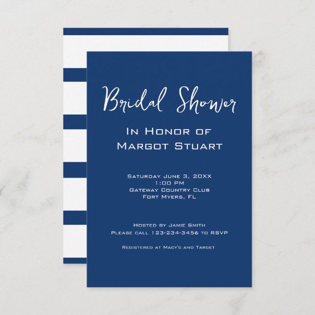Minimalist Navy White Script Striped Bridal Shower Invitation (Front/Back)