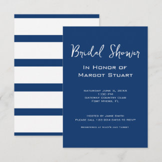Minimalist Navy White Script Striped Bridal Shower Invitation