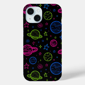 Minimalist Neon Space & Planets Night Sky Pattern iPhone 15 Case
